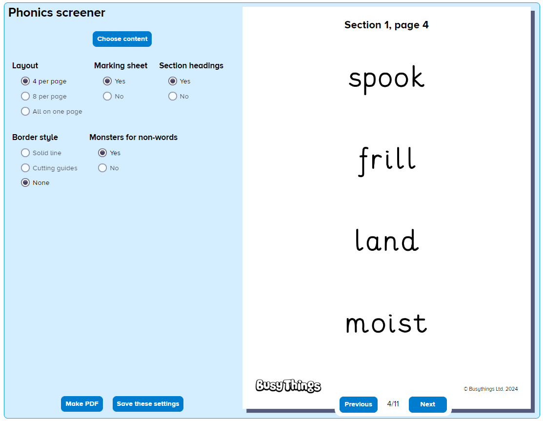 Phonics screener screenshot