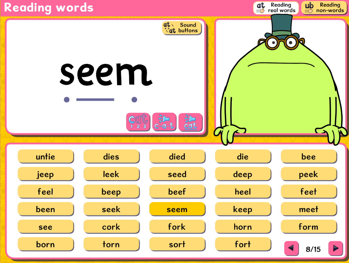 Reading words activity screenshot