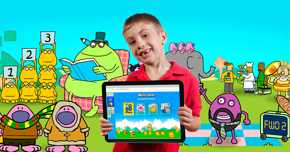 Boy holding tablet with Busy Things on