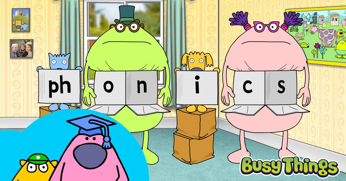 Phonics blog main image showing Busy Things' characters with phonics flash cards