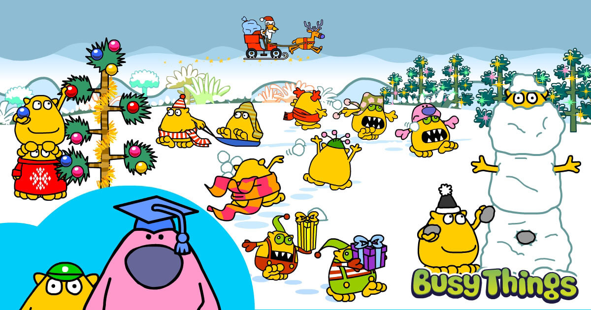 Busy Things characters celebrating winter blog image