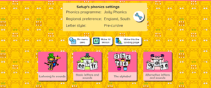 Phonics settings page on Busy Things